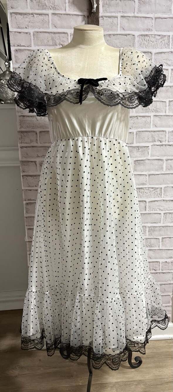 White Polka Dot Mesh Dress with Black Lace and Bow